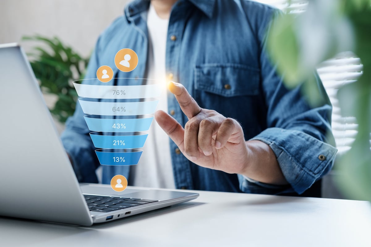 Business professional analyzing a digital sales funnel on a laptop with conversion metrics